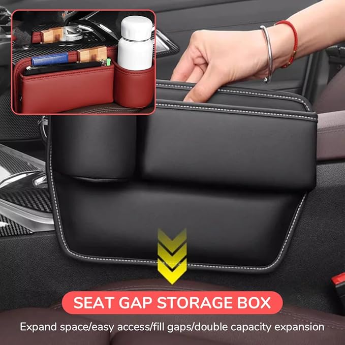 Car Leather Cup Holder Gap Bag,2025 Upgrade Car Storage Box with Cup Holder,Seat Storage Box Gap Filler Organizer for Glasses Phone Keys and Cards (Beige, Driver's Seat)