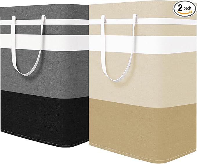 2-Pack Foldable Laundry Basket,Large Laundry Baskets with Handles,Waterproof Laundry Hamper,Collapsible Laundry Hampers for Clothes Organizer 80L (Black&Beige)