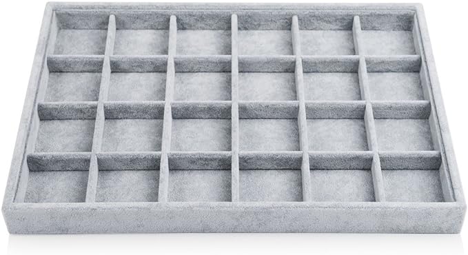Oirlv 24 Grid Ice Velvet Jewelry Drawer Organizer Tray Stackable Jewelry Trays Removable Dividers for Rings Earring Storage Display