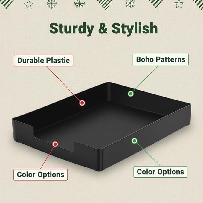 Letter-Size Tray, 2PCS Desk Drawer Organizer, A4 Stackable Plastic Paper Tray for Office, School, Home Storage and Holiday Party Organizer for Christmas Ornament Decorations (2X Black)