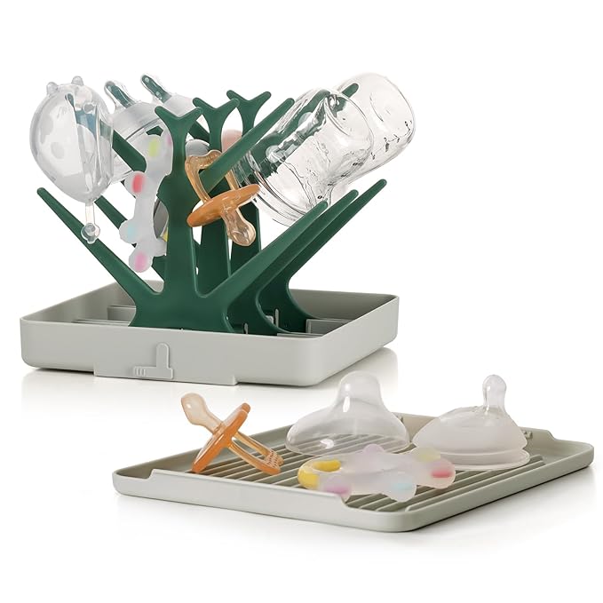 haakaa Portable Baby Bottle Drying Rack with Tray, Space Saving Bottle Drying Tree for Bottles/Pump Parts/Pacifiers,Easy-Store Dryer Rack Great for Home & Travel, BPA Free (Green)