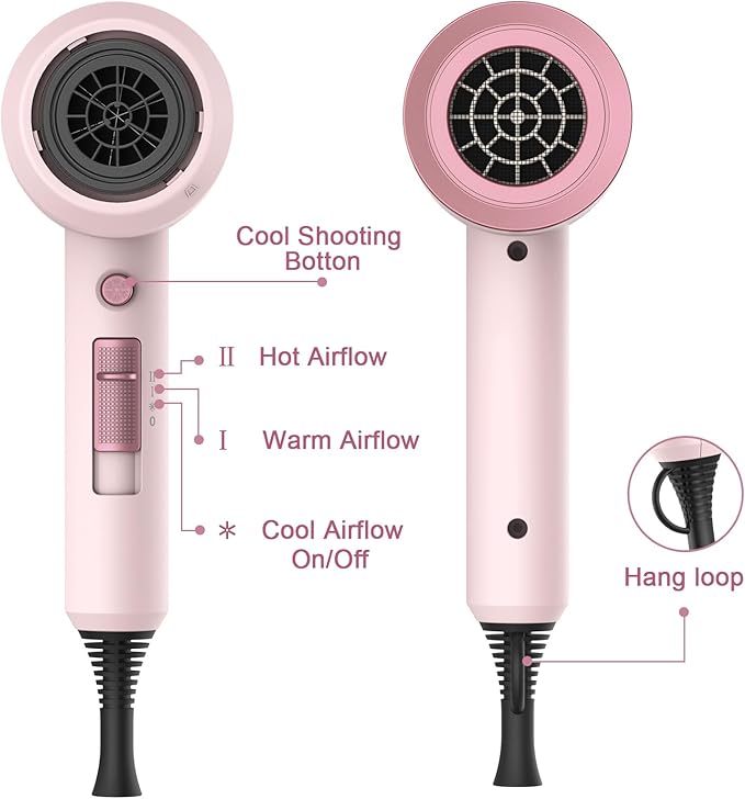 Slopehill Professional Ionic Hair Dryer, Powerful 1800W Fast Drying Low Noise Blow Dryer with 2 Concentrator Nozzle 1 Diffuser Attachments for Home Salon Travel (Pottery Pink and Rose Gold)