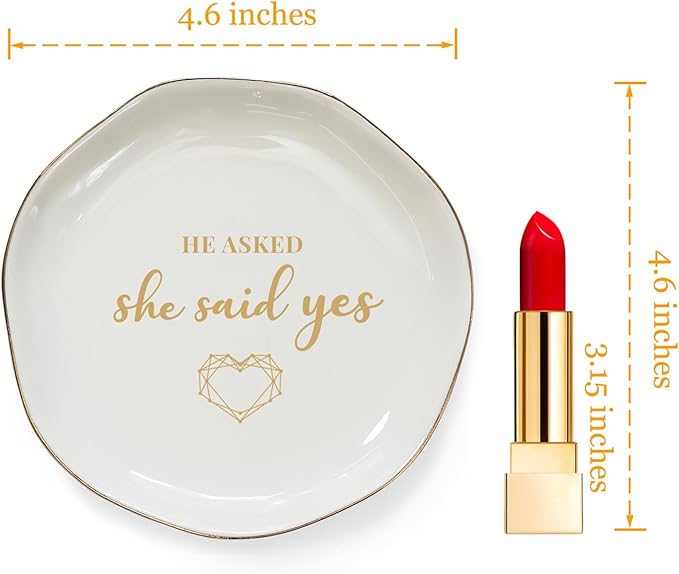 HOME SMILE He Asked and She Said Yes Ring Dish-Wedding Engagement Gifts for Women Bride to Be,Ceramic White