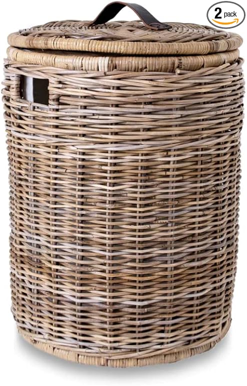 The Basket Lady Round Kubu Wicker Laundry Hamper, Extra Large, 23 in Dia x 28 in H, Serene Grey…