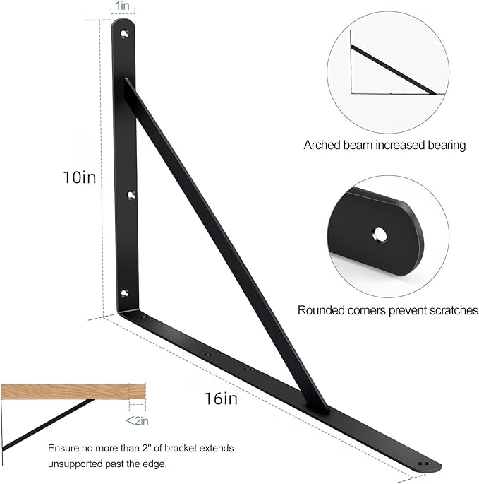 8 Pack L16 x H 10" Black Heavy Duty Shelf Brackets with Screws Metal Shelf Brackets Shelf Support Angle Brackets for Shelves L Brackets Heavy Duty Floating Shelf