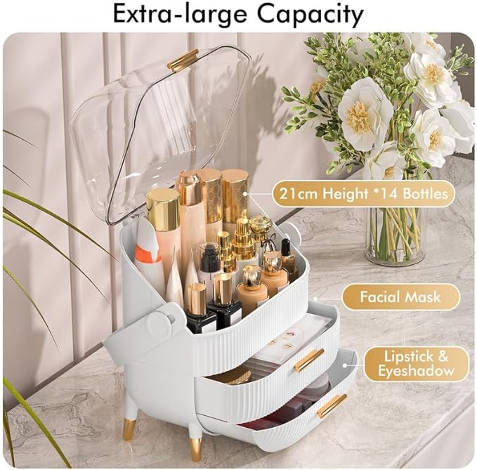 Makeup Organizer Skincare Organizers - Cosmetic Display Cases with Transparent Cover, SkinCare Organizers for Bathroom Countertop, Bedroom Vanity Desk, Lipstick Organizer, White