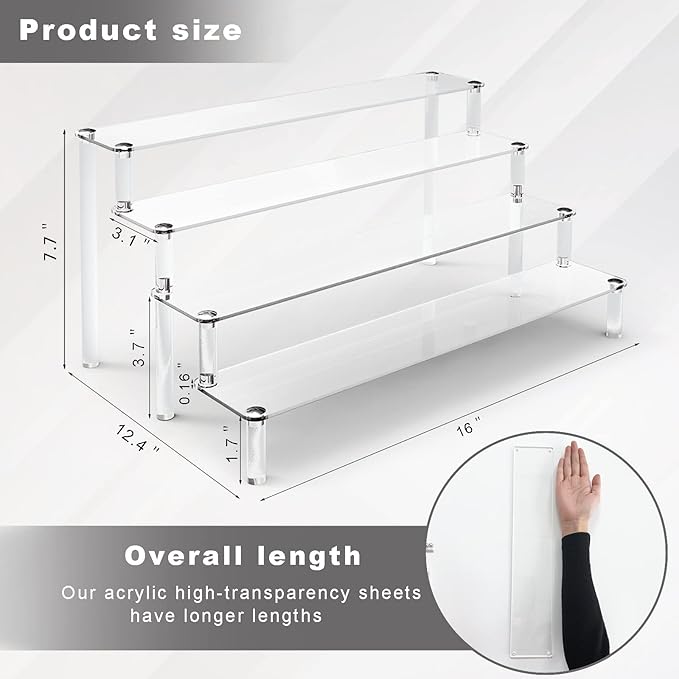 ULENDIS Acrylic Stands for Display, 4 Tier Clear Display Stand Risers Shelf for Cupcakes Perfumes Figurines, Tabletop Cupcake Stand for Decorating & Organizing (16" x 12.4" x 7.7")