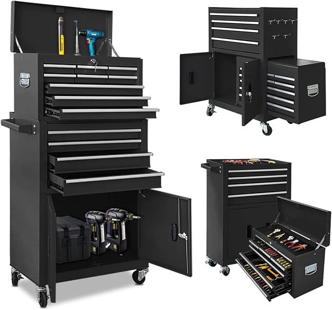 Tool Chest 13-Drawer with Double Door Handle,2 in 1 Detachable Rolling Tool Chests with Wheels and Drawers,Large Tool Box with Lock for Warehouse,Garage (Black)