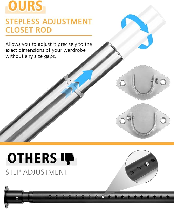 Closet Rod, 17 to 64 Inch Heavy Duty Adjustable Metal Clothing Rack for Hanging Clothes, Closet Poles for Wardrobes, Laundry, Durable Steel, Silver