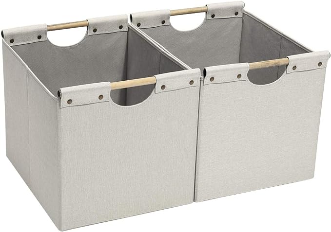 HOONEX Large Foldable Storage Bins, Linen Fabric, 2 Pack, with Wooden Carry Handles and Sturdy Heavy Cardboard, for Home, Office, Car, Nursery, Beige