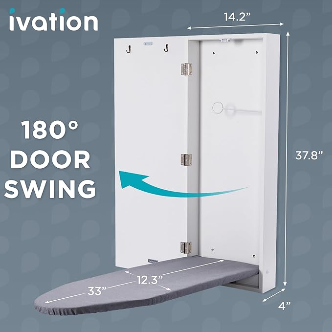 Ivation Wall-Mounted Ironing Board Cabinet, Foldable Ironing Storage Station for Home, Apartment, Easy-Release Lever, Garment Hooks, White