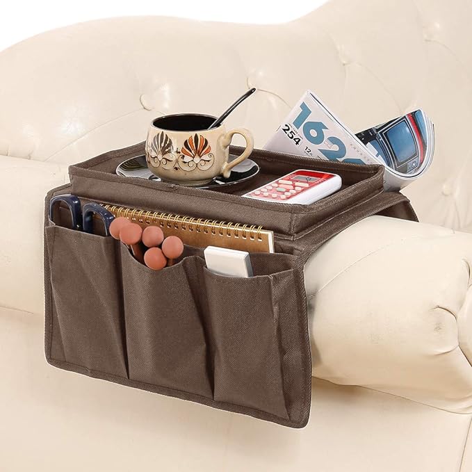 Sofa Armrest Organizer with Cup Holder Tray Chair Arm TV Remote Holder for Recliner Couch Armchair Caddy Bedside Storage Pockets Bag for Cellphone Tablet Book Magazines Drinks Holder Pouch