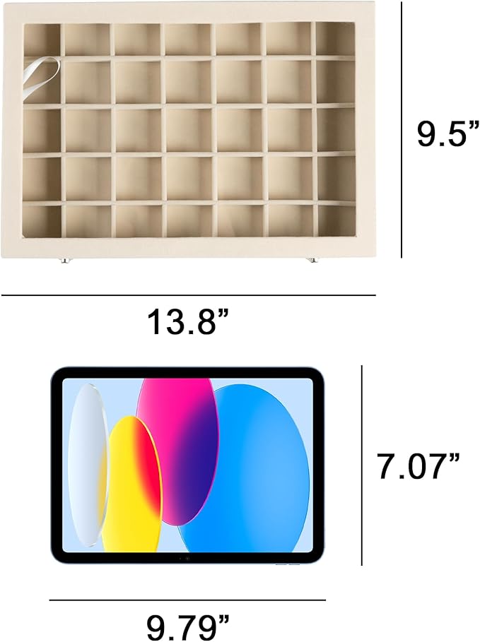 Frebeauty Velvet Jewelry Tray,35 Grid Jewelry Organizer with Clear Lid,Earring Holder Organizer Case with Clasp,Drawer Insert for Rings Studs,13.8 x 9.5 x 2 Inches,Gift for Women Girls(Beige)