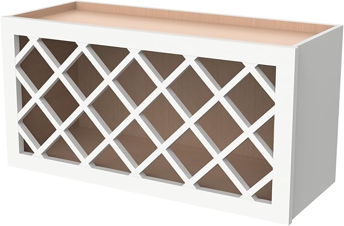 Solid Wood RTA Wall Cabinet Wine Bottle Rack with Lattice Panels - Wine Storage for Bar, Pantry, Cellar & Countertop - Mocha (Origami White, 36'W 12'D 15'H)