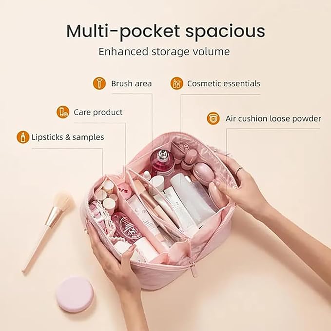 2026 New Travel Makeup Bag,Festivalment Wide Open Lay-Flat Water-Resistant Cosmetic Case,Puffy Padded Organizer for Toiletries & Brushes Large Capacity with Compartments (White)