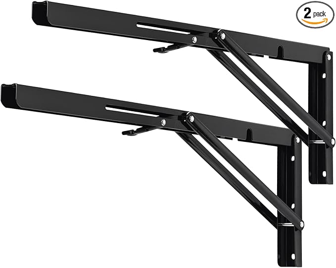 YUMORE Folding Shelf Brackets, 22 Inch Heavy Duty L Bracket, Black DIY Collapsible Shelf Bracket for Workbench Folding Table Hinge, Max Load: 330lb, Pack of 2