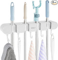 2Pcs Broom Holder Wall Mount, No-Drilling Self-Adhesive Mop and Broom Storage Rack with Hooks (4 Racks with 5 Hooks), Wall-Mounted Broom Hanger for Bathroom, Kitchen, Closet, Garage, White ﻿