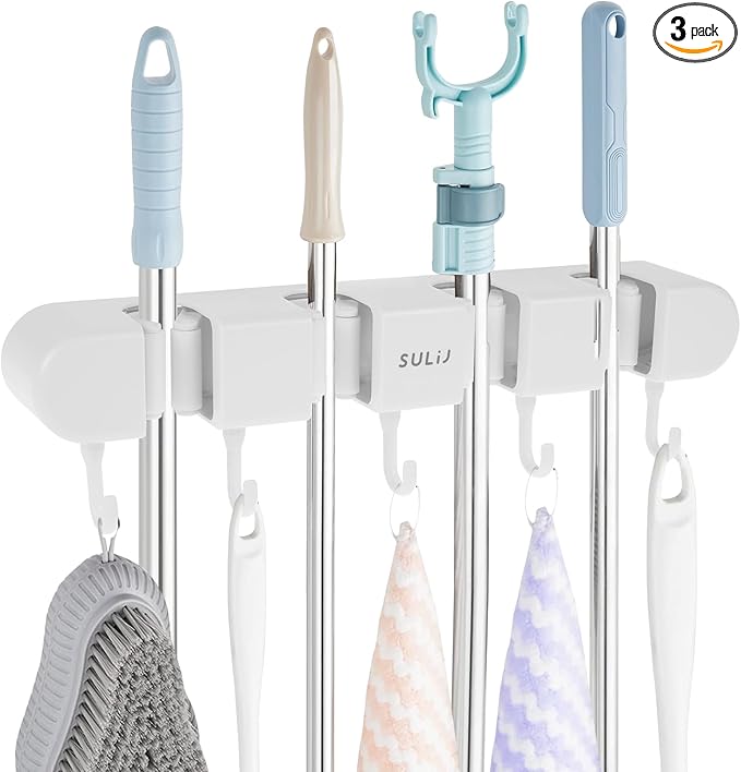 3PCS Broom Holder Wall Mount, No-Drilling Self-Adhesive Mop and Broom Storage Rack (4 Racks with 5 Hooks),Wall-Mounted Broom Hanger for Bathroom, Kitchen, Closet, Garage, White