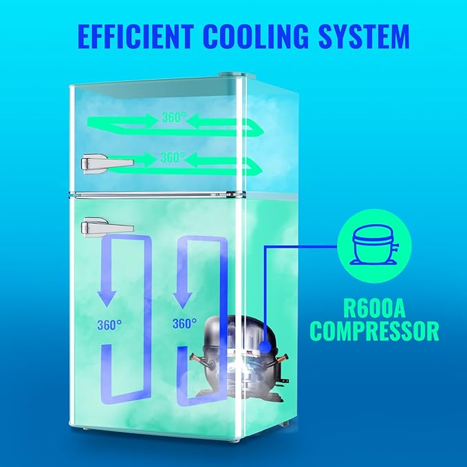 Small Refrigerator with Freezer Double Door Mini Fridge Adjustable Glass Shelves, Detachable Handle,7 Level Temperature Control Fridge for Dorm, Office, Apartment Blue