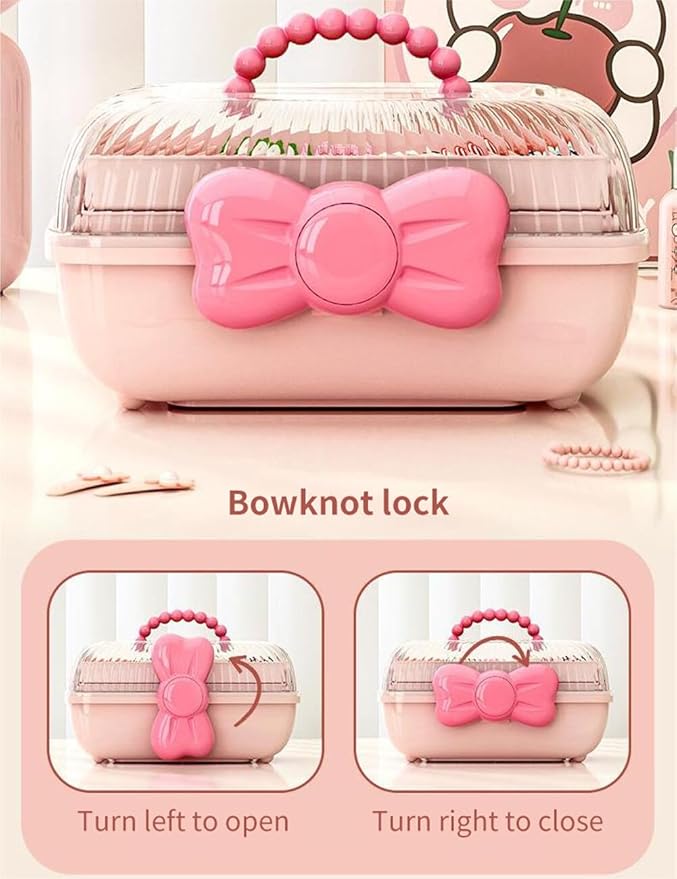 Cute Hair Accessories Organizer 3-Layers Kids Jewelry Storage Box Plastic Hair Accessories holder for Girls (Pink, 10.8 x 5.7 x 5.9 Inch)