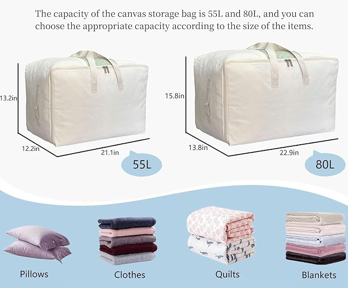 Soft Large Canvas Comforter Storage Bags with Four Carrying Handles and Clear Window, Closet Organizer for Clothing, Blankets Sheets Pillows and Bedding, 80L, 3 Pack, Beige