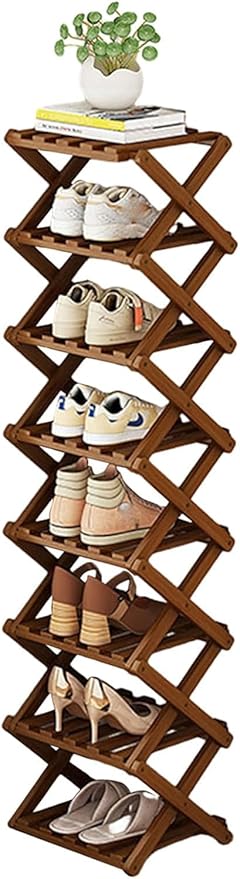 YYW Bamboo Shoe Rack for Entryway,Installation-Free and Foldable Vertical Shoe Storage Organizer,Free Standing Shoe Racks Shelf Closet Shoe Organizer for Living Room (Tawny-8 Layers)