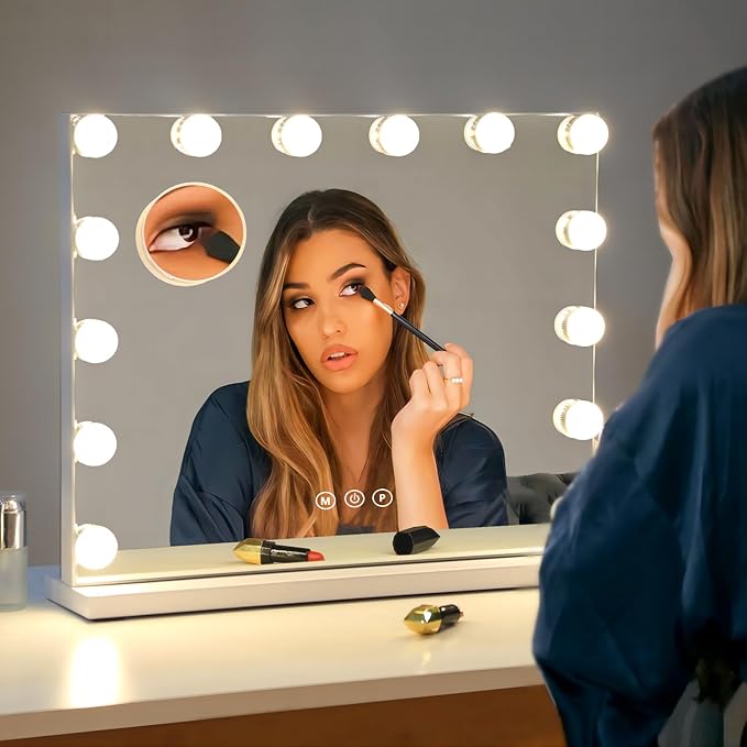 Vanity Mirror with Lights Lighted Makeup Mirror with Dimmable LED Bulbs,3 Color Lighting Modes,USB Charging Port Touch Control,Sturdy Metal Frame Design,White (50x40cm, 4.70)