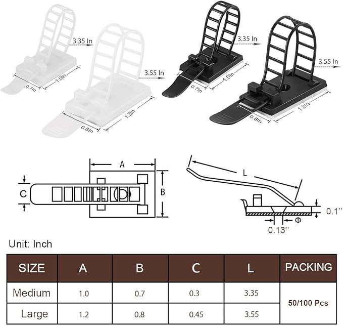 Adhesive Cable Management Clips, 100Pcs Adjustable Nylon Cable Strap Ties Wire Clips Clamps Organizer with Strong Adhesive Tape, Extra Screw & Hole for Strong Fixation Home Office - 3.55 Inch White