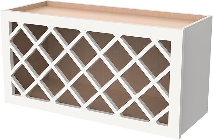 Solid Wood RTA Wine Bottle Rack Wall Cabinet with Lattice Panels and Wine Storage - Mocha (Origami White, 36'W 12'D 18'H) for Bar, Pantry, Cellar, Countertop