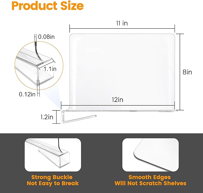 Purse Organizer for Closet Shelf Dividers: 8" Tall X 12" Deep, Acrylic Clear Closet Shelf Divider, Bag Storage for Clothes Sweater, Vertical Separators for Wood Cabinet, Handbag Organization, 12 Pack