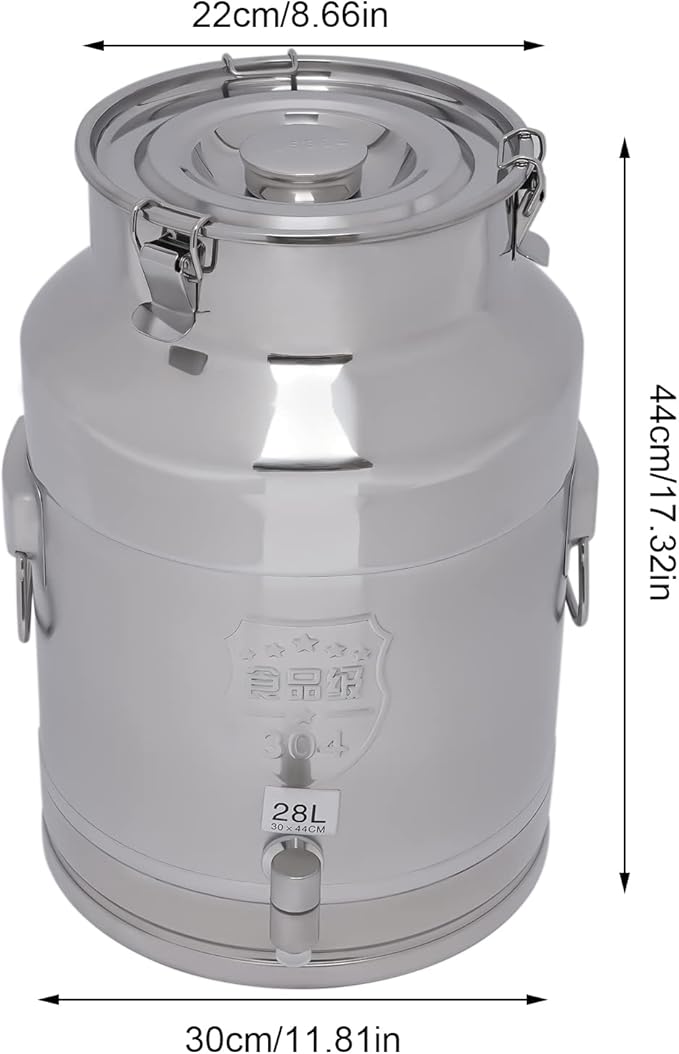 7.4Gallon Milk Can,Milk Bucket Wine Oil Rice Pail Bucket Milk Can 304 Stainless Steel Tote Jug with Sealed Lid and Spigo,For Storing Ghee, Milk, Wine,Wheat,Beans,Tea Leaves,Grains