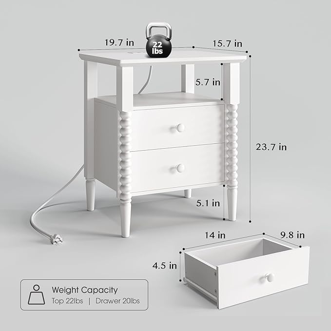 White Night Stand Set 2, Vintage Nightstand with Charging Station, Modern Bedside Table with 2 Drawers, End Table with Solid Wood Legs, Bed Side Tables for Bedroom, White