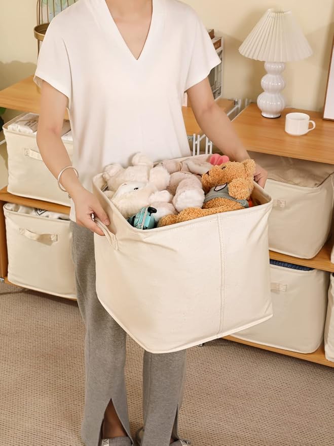 Decorative Basket Rectangular Fabric Storage Bin Organizer Basket with Handles for Clothes Storage (13.7 x 13.7 x 12.5, Beige)
