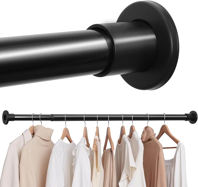 Black Adjustable Closet Rod 18-77 Inches, Heavy Duty Metal Clothes Hanging Rod, Rust-Proof Non-Slip Wardrobe Bar for Closet, Laundry Room, RV