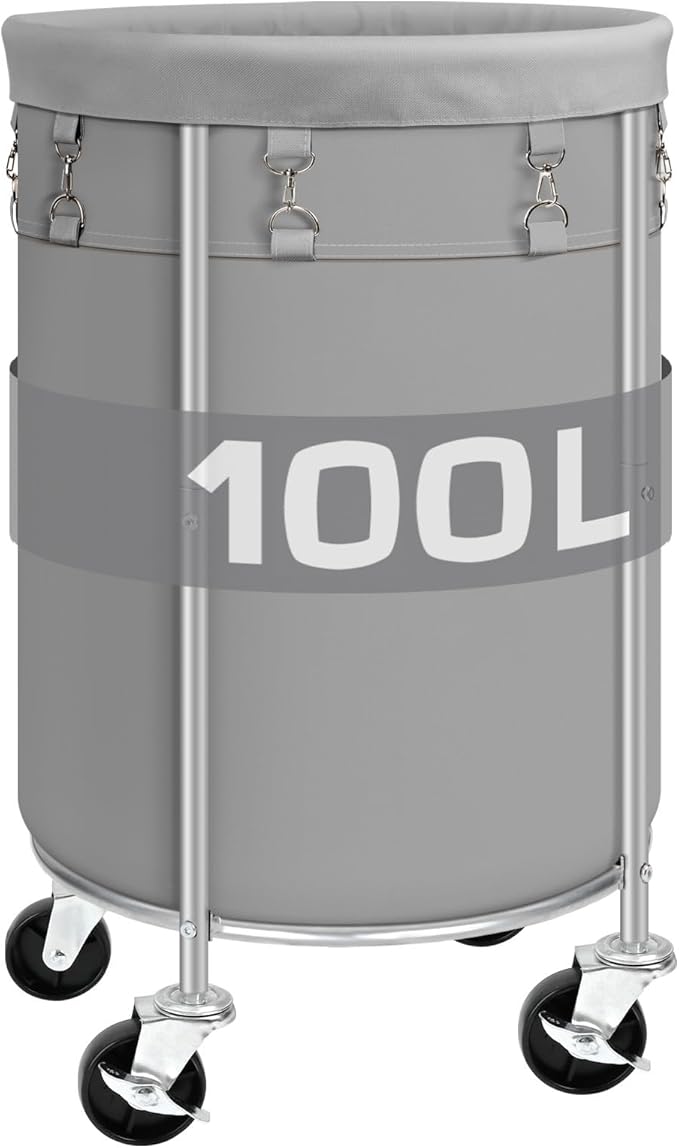 Laundry Hamper with Wheels, 100L Round Rolling Laundry Basket Sorter with Removable Bag, Clothes Cart Organizer with Steel Frame for Bedroom, Bathroom, Laundry Room, Grey