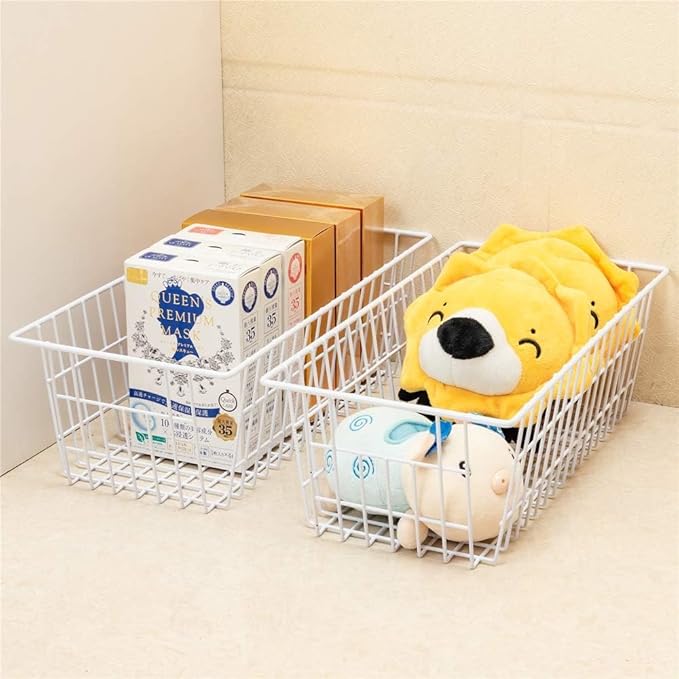 Wire Storage Basket Freezer Organizer Bins Food Storage Metal Baskets with Handles Pantry Organizer for Kitchen Freezer Cabinets Closet Bedroom Bathroom,Set of 4,White