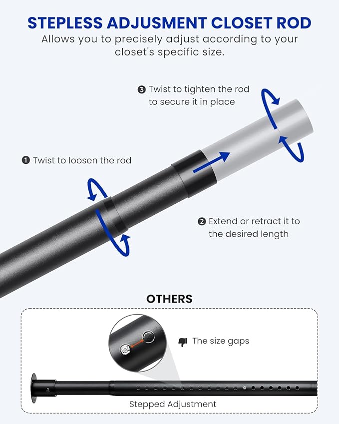Closet Rods for Hanging Clothes, 17 to 39 Inches Stepless Adjustable Metal Closet Rod, 1.3 Inches Heavy Duty Clothes Hanging Rod for Closet Wardrobes Laundry RV, Black