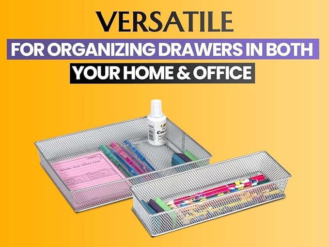 YBM HOME Silver Mesh Drawer Cabinet and or Shelf Organizer Bins, School Supply Holder Office Desktop Organizer Basket (2, 3x9x2 Inch)