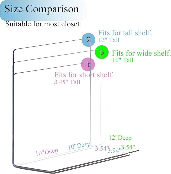 Shelf Dividers for Closet Organization: 12" Tall Acrylic Closet Dividers for Shelves - Clear Free Standing Shelf Separators for Clothing Sweater Purse