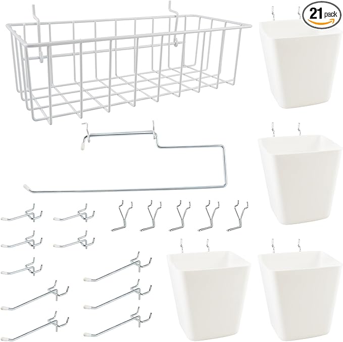 G.CORE Peg Board Organizer 21 Pack, Pegboard Accessories with Baskets Cups Hooks - 1/8" & 1/4" Peg Board Wall Tool Organizers, Utility Holders & Hangers for Garage Craft Workbench (White & White)