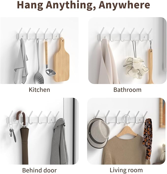 Coat Rack Wall Mount Hooks - 15 Inch Matte White Metal 6-Hook Organizer Wall Mounted, Modern Kids Room, Entryway & Bathroom Hanger for Beach Towels, Coats, Purses, Bags (2 Pack)