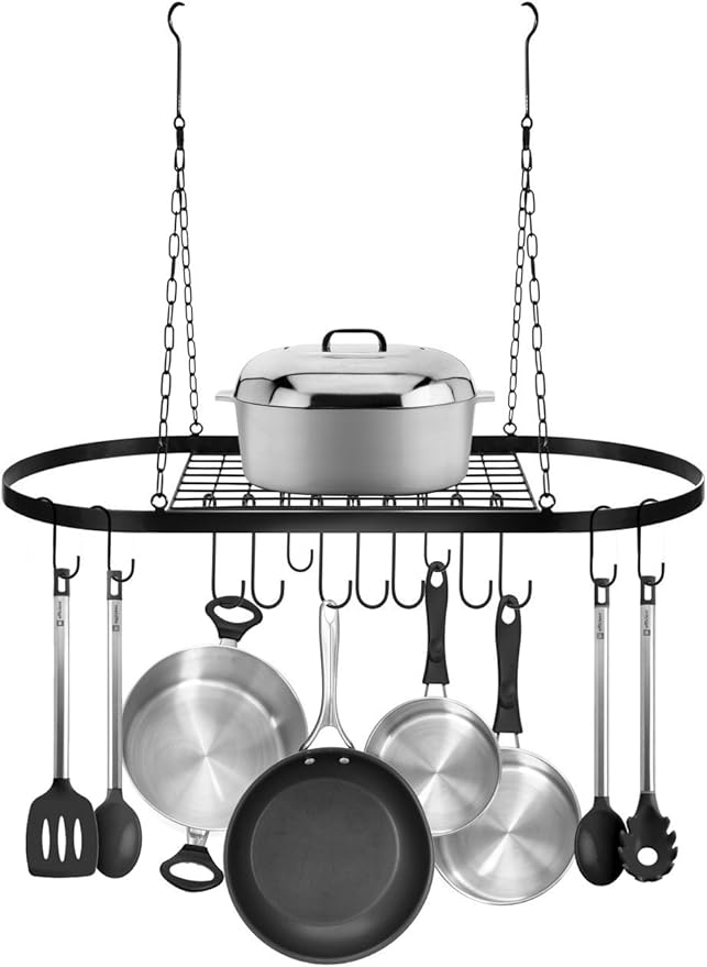 Sorbus® Pot and Pan Rack for Ceiling with Hooks — Decorative Oval Mounted Storage Rack — Multi-Purpose Organizer for Home, Restaurant, Kitchen Cookware, Utensils, Books, Household (Hanging Black)