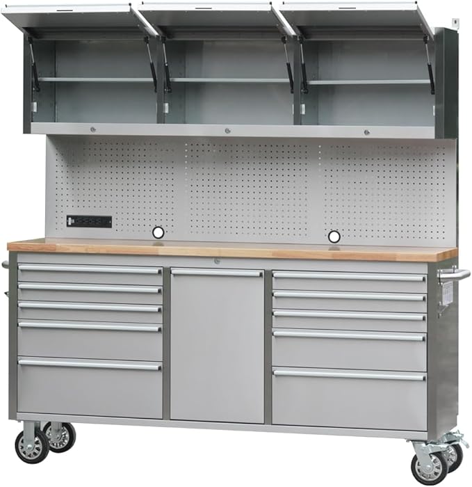 72 inch 11 Drawers Tool Chest with 3 Up Cabinet & Pegboard in Stainless Steel, Large Lockable Mobile Workbench with 6 Blue Storage Bins, Tool Box for Garage, Workshop (1 × HTC7214W1)