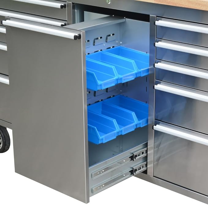 72 inch 11 Drawers Tool Chest with 3 Up Cabinet & Pegboard in Stainless Steel, Large Lockable Mobile Workbench with 6 Blue Storage Bins, Tool Box for Garage, Workshop (1 × HTC7214W1+ 1 × HTC7218W1)