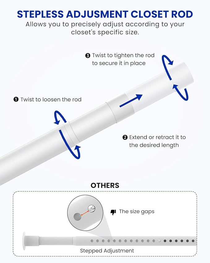 Closet Rods for Hanging Clothes, 17 to 54 Inches Stepless Adjustable Metal Closet Rod, 1.3 Inches Heavy Duty Clothes Hanging Rod for Closet Wardrobes Laundry RV, White