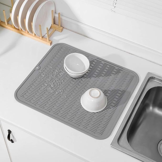Silicone Dish Drying Mat for Multiple Usage,Easy clean,Eco-friendly,Heat-resistant Silicone Mat for Kitchen Counter or Sink,Refrigerator or Drawer Liner Grey XL 18 inches x 16 inches