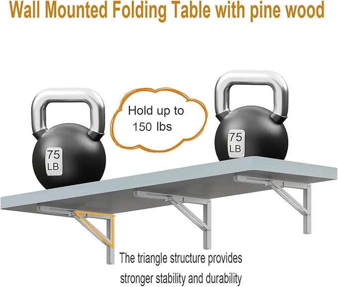 IAE Wall Mounted Folding Table with Pine Wood,55" x 16" Floating Wall Desk,Laundry Folding Table with Shelf Brackets,Fold Down Desk Shelf,Folding Workbench for Home,Dining,Laundry Room,Kitchen,White