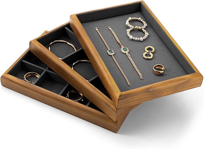 Oirlv Solid Wood Multifunctional Ring Earrings Studs Bangle Jewelry Organizer Tray Jewelry Drawer Organizer(Grey)