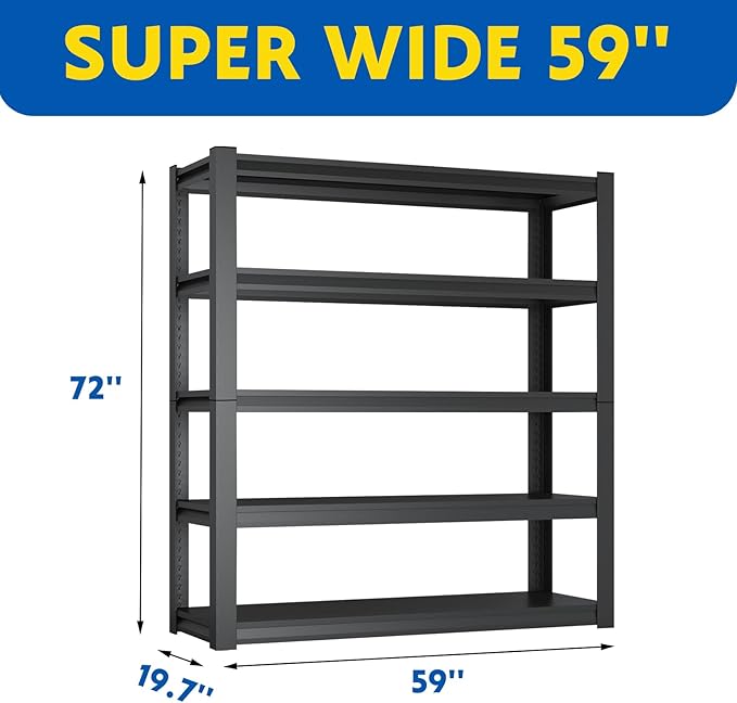 72''H Garage Shelving Heavy Duty,3000LBS Storage Shelves,5-Tier Adjustable Metal Shelve Storage Shelf Rack, Industrial Shelving Unit for Garage, arehouse,Basement (59" W x 19.7" D x 72" H) 2PC