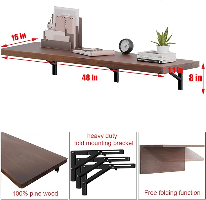 IAE Wall Mounted Folding Table with Pine Wood,48" x 16" Floating Wall Desk,Laundry Folding Table with Shelf Brackets,Fold Down Desk Shelf,Folding Workbench for Home,Dining,Laundry Room,Kitchen,Brown
